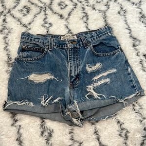 Distressed denim shorts